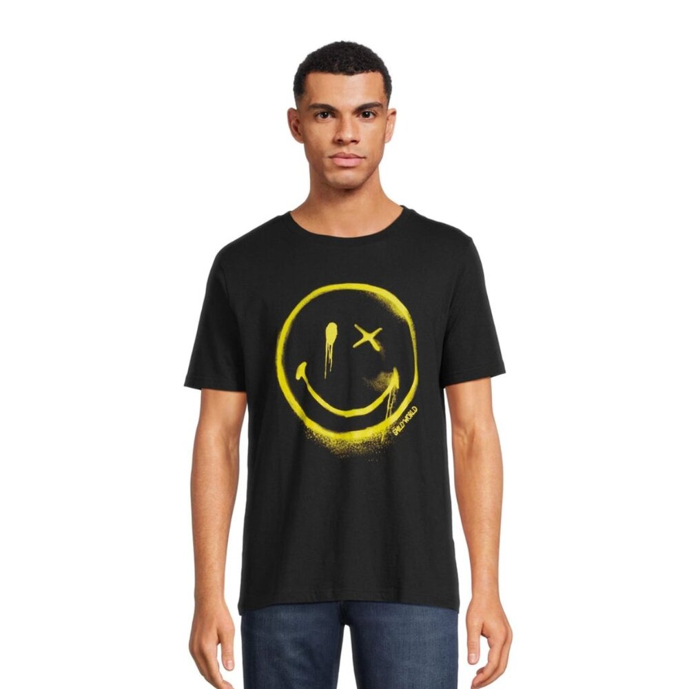 Smiley Face Graphic Tee Men's XL Spray Paint SmileyWorld Black Yellow Streetwear
